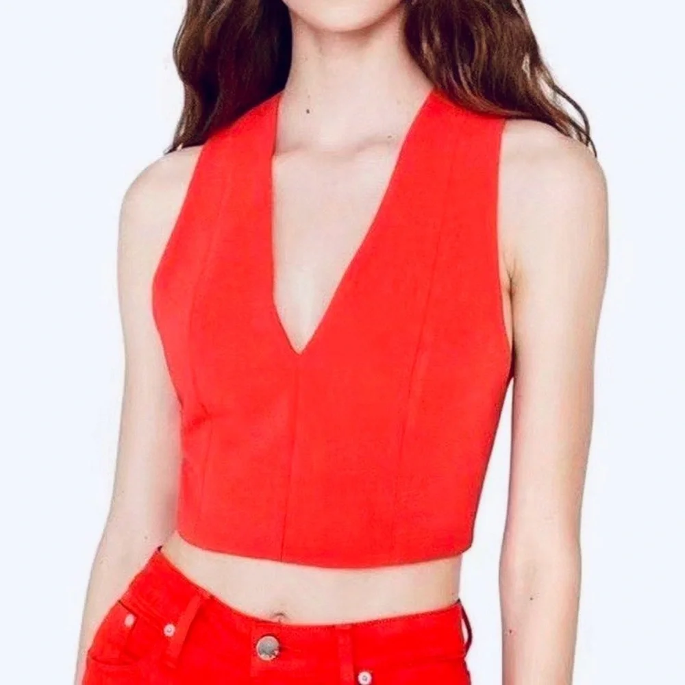 ALICE + OLIVIA Plunging Red V-Neck Sleeveless Tank Crop Top